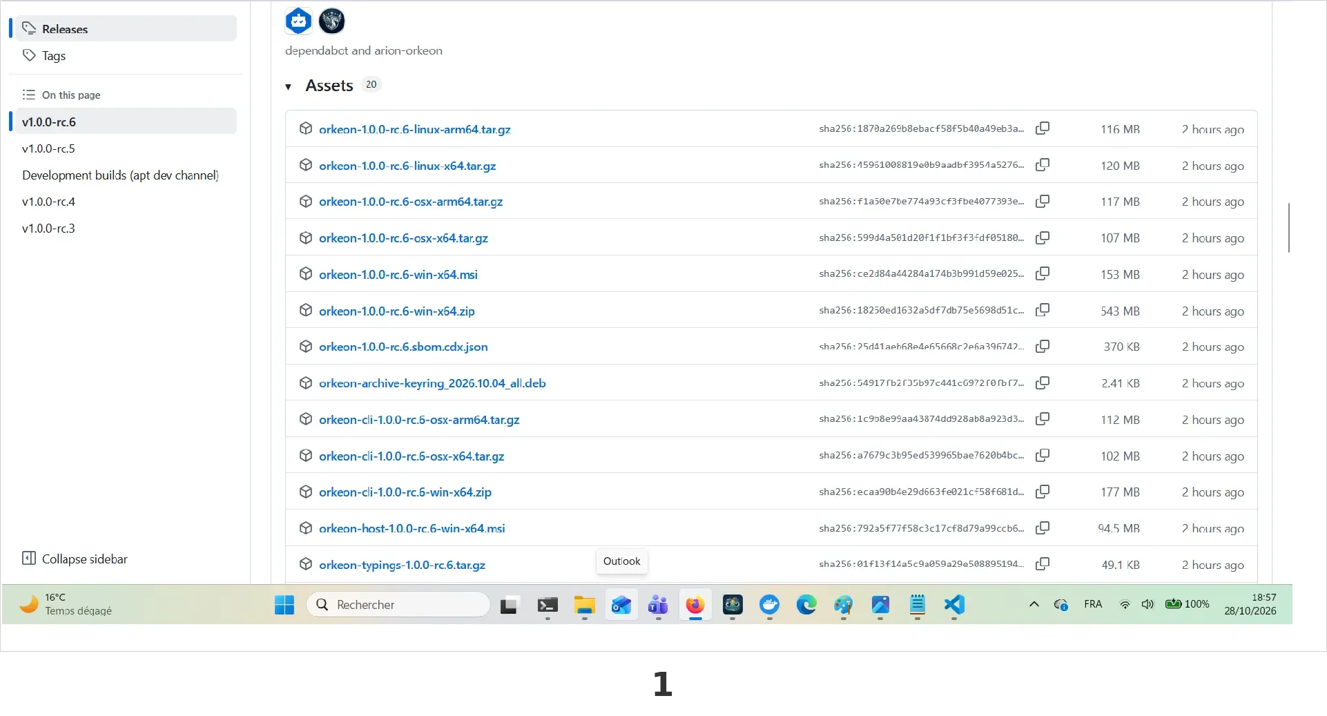 The Orkeon releases page on GitHub with the rc.6 .msi file.