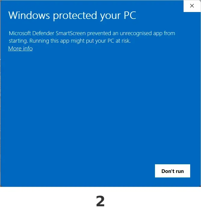 The Windows SmartScreen warning with the More info link.