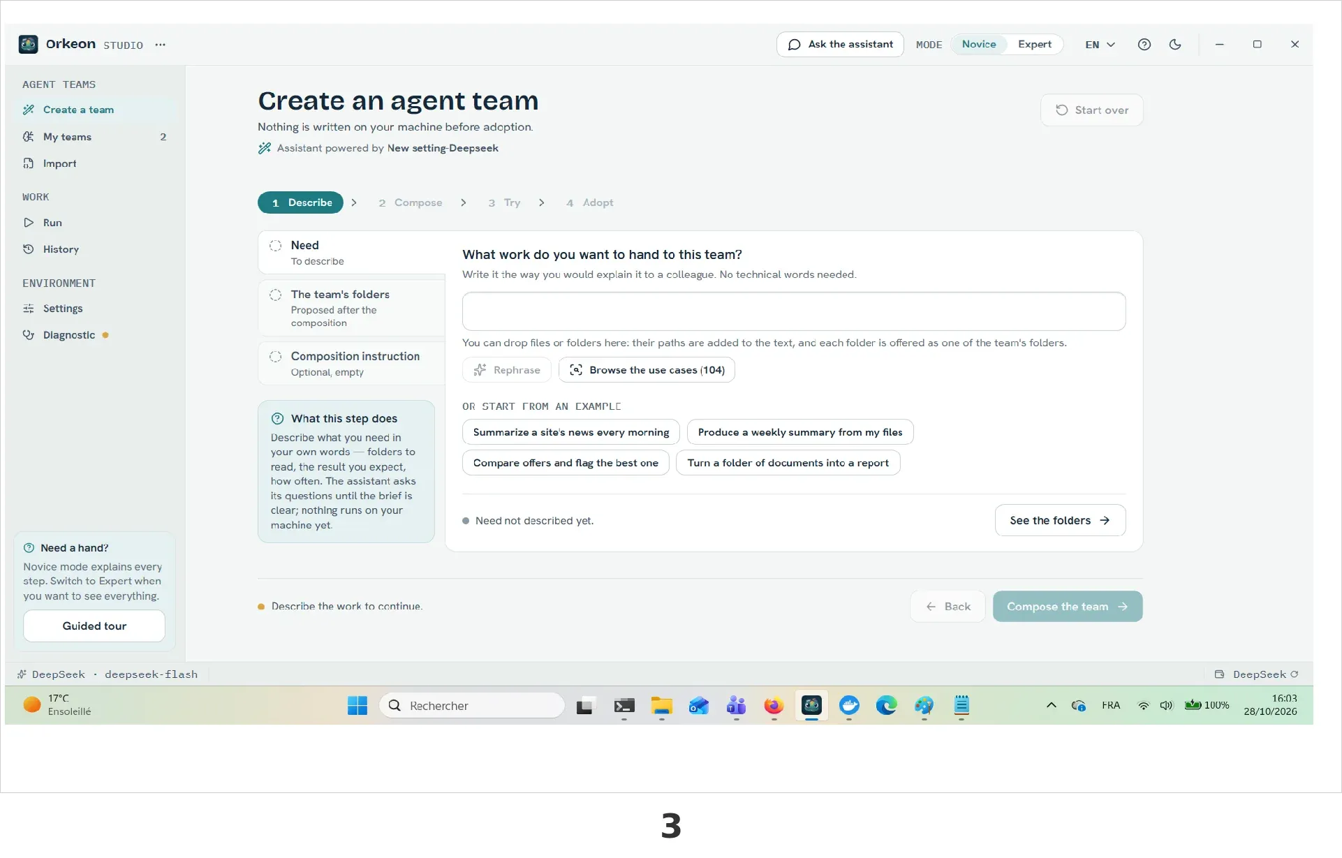 Orkeon Studio's Create a team screen.