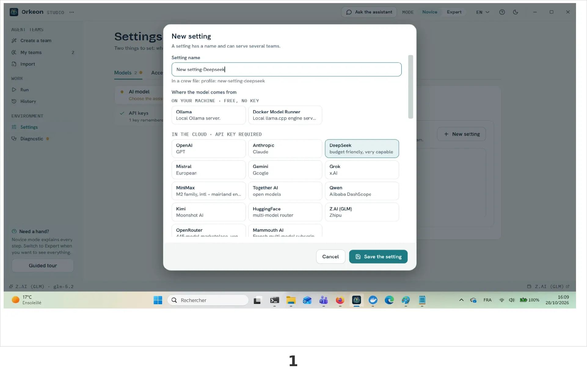 The New setting dialog with the provider cards.