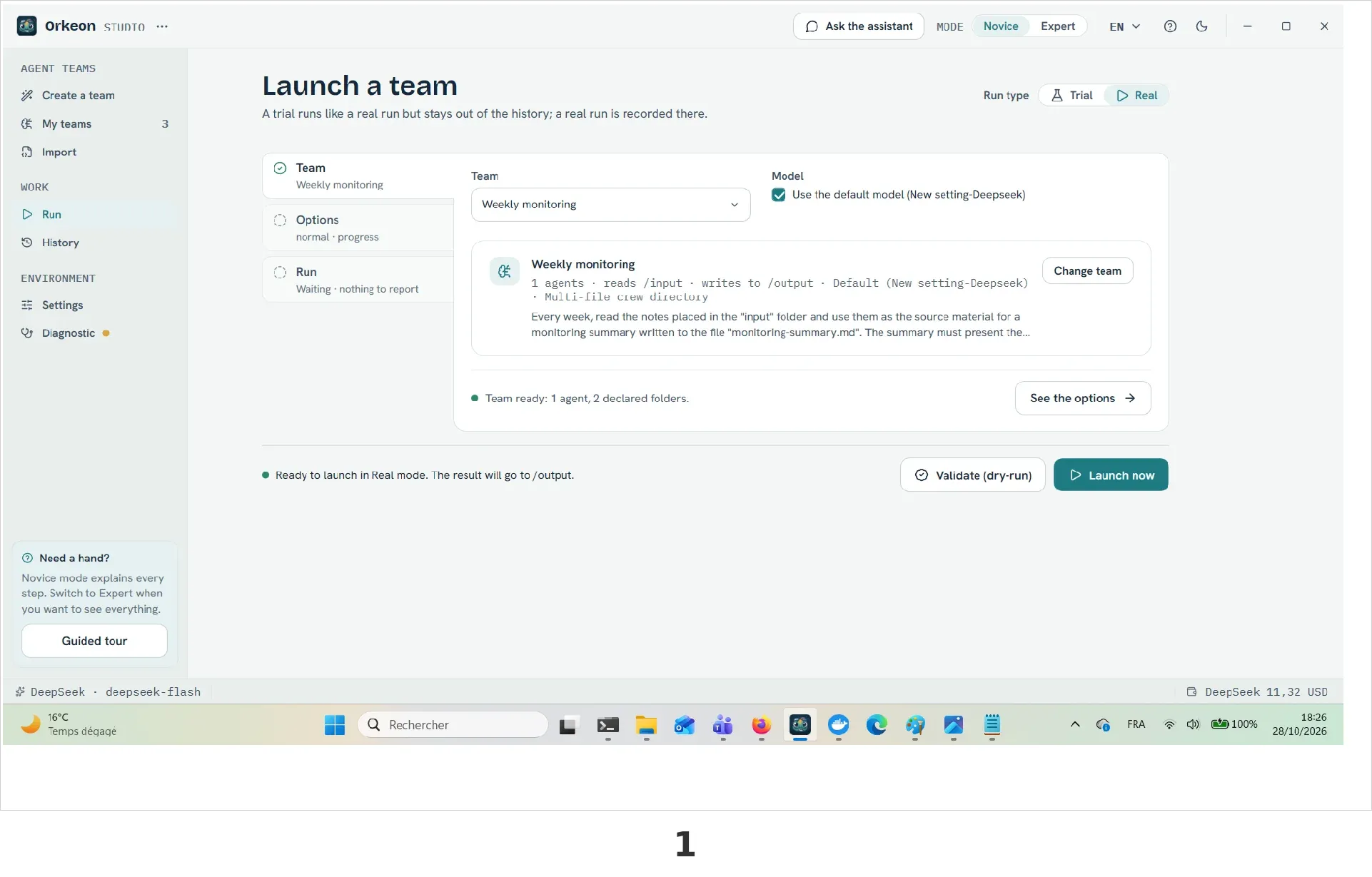 The Launch a team screen with the team, the run type and the Launch now button.
